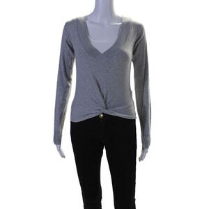 MPC Womens Cotton V-Neck Ruched Knot Long Sleeve Pullover Top Gray Size XS